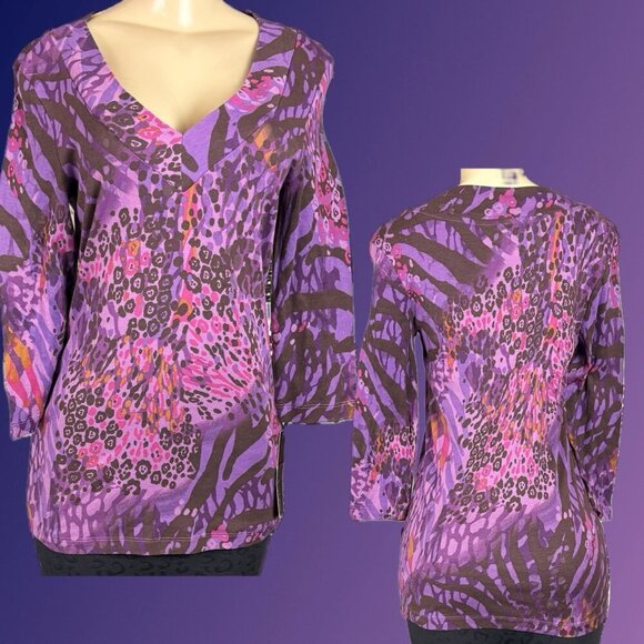 Daisy Fuentes L Purple Combo Animal Print V-Neckline Cotton 3/4 Sleeve T-Shirt - Picture 1 of 6